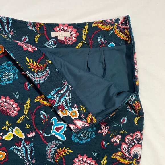LOFT Blue Teal Floral Pencil Skirt Size 6 Cotton Stretch Lined Side Zip - Picture 5 of 12